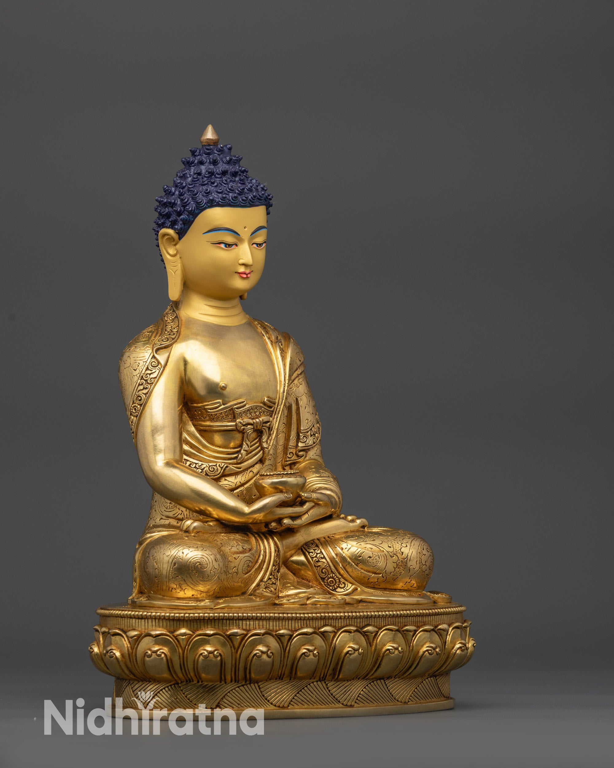 Side view Amitabha Buddha holding monk's bowl in meditation mudra on lotus seat