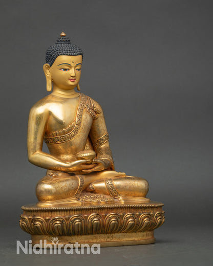 Side view Amitabha Buddha meditation statue on lotus throne with detailed robes