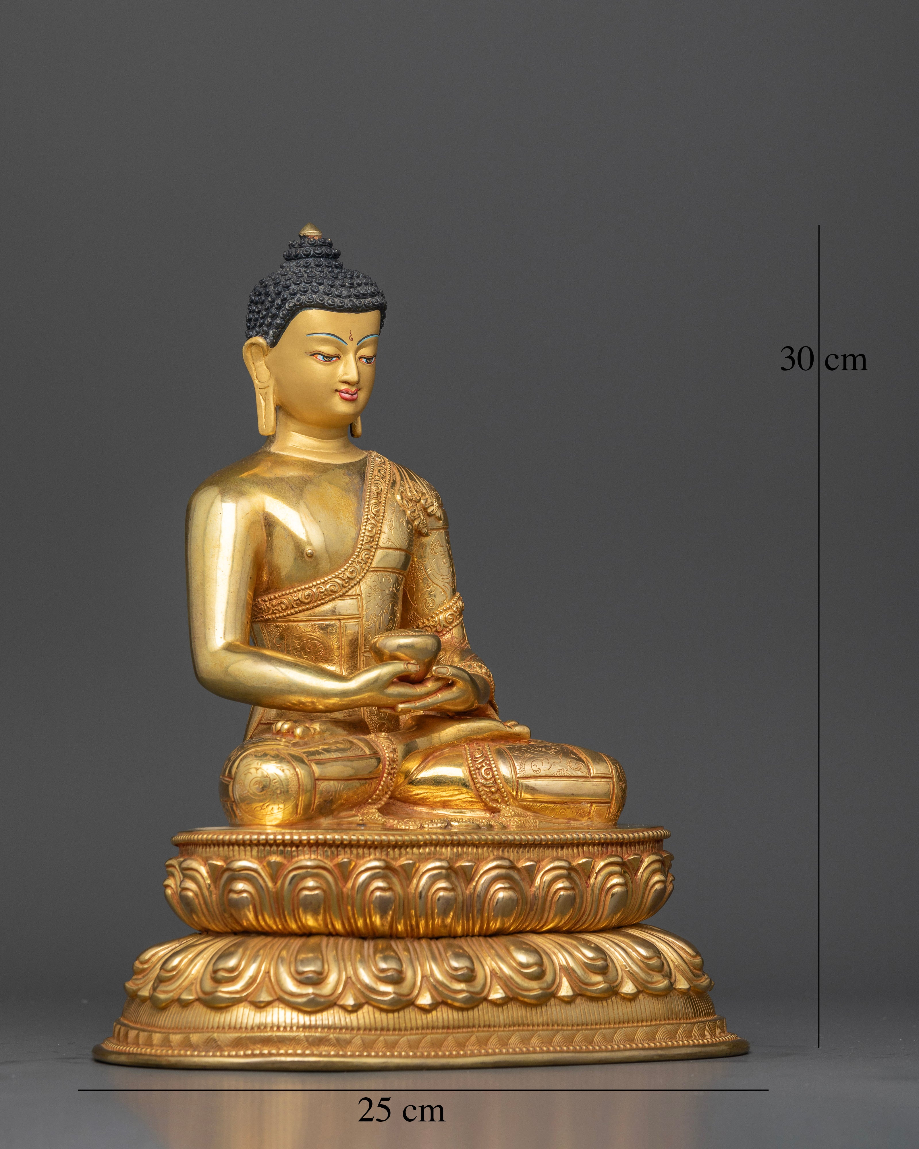 Side view Amitabha Buddha statue 24K gold robes detailed carvings Nepal artisan