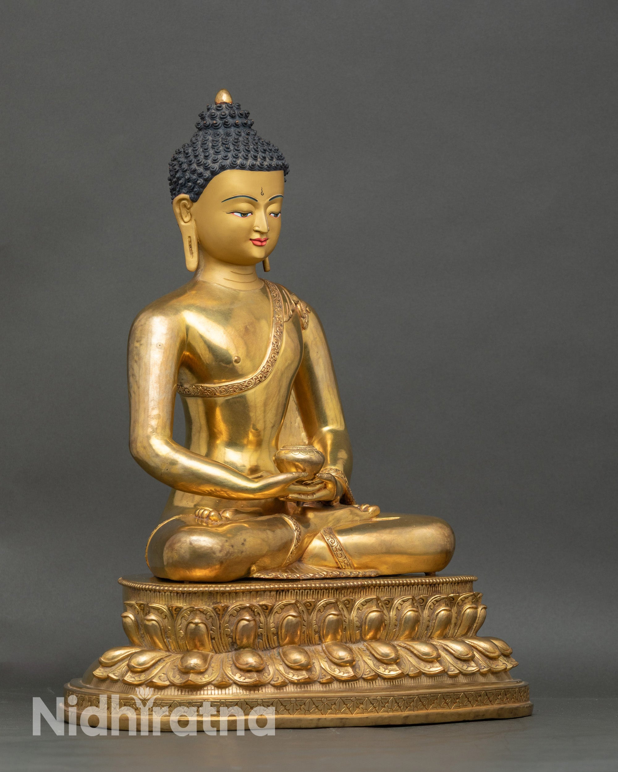 Side view Amitabha Buddha statue holding alms bowl, lotus throne, Nepalese copper art