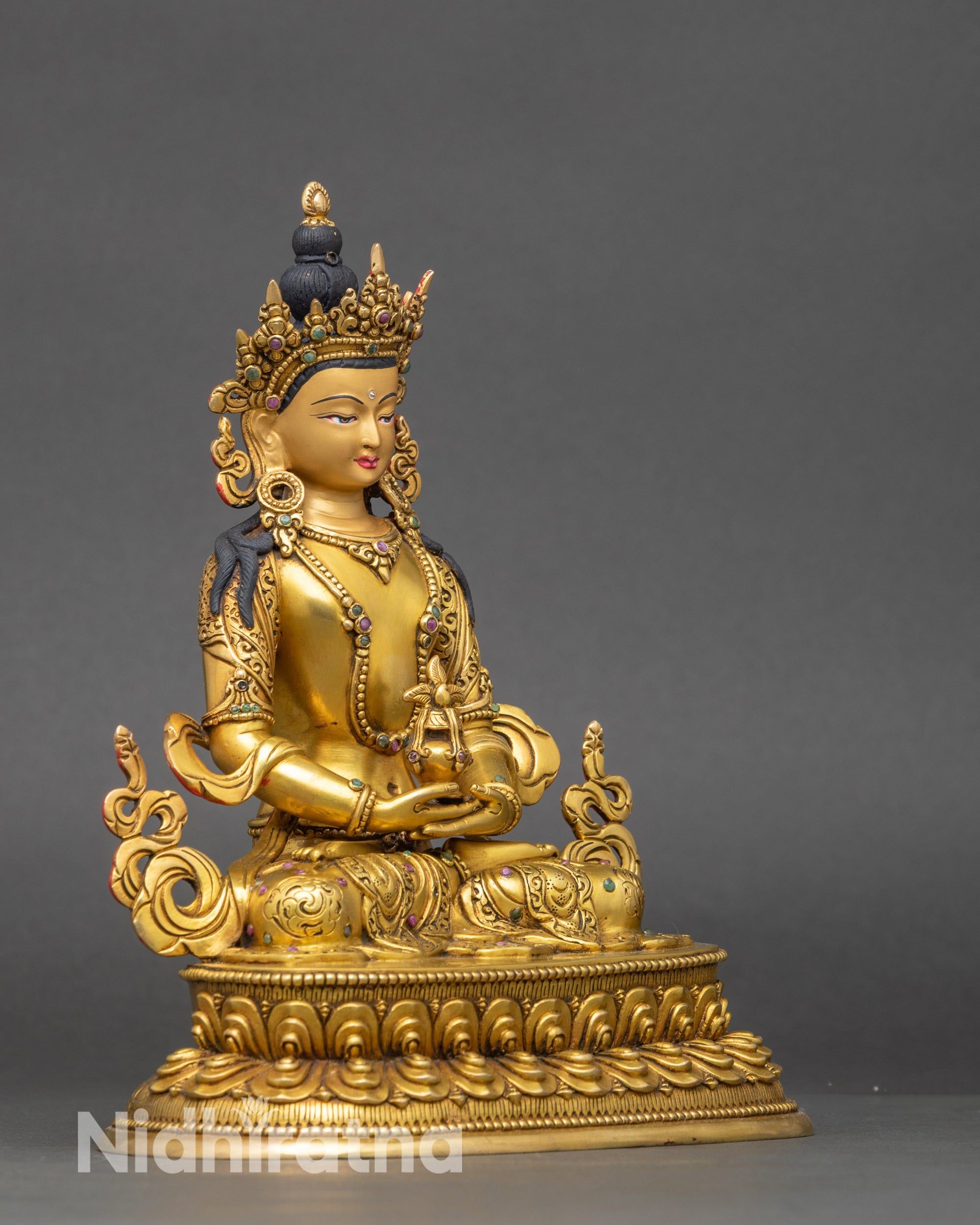 Side view Amitayus Bodhisattva statue lost-wax cast Nepalese Buddhist longevity sculpture