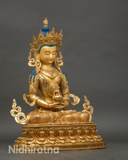 Side view Amitayus Bodhisattva statue seated on double lotus throne Himalayan Buddhist art