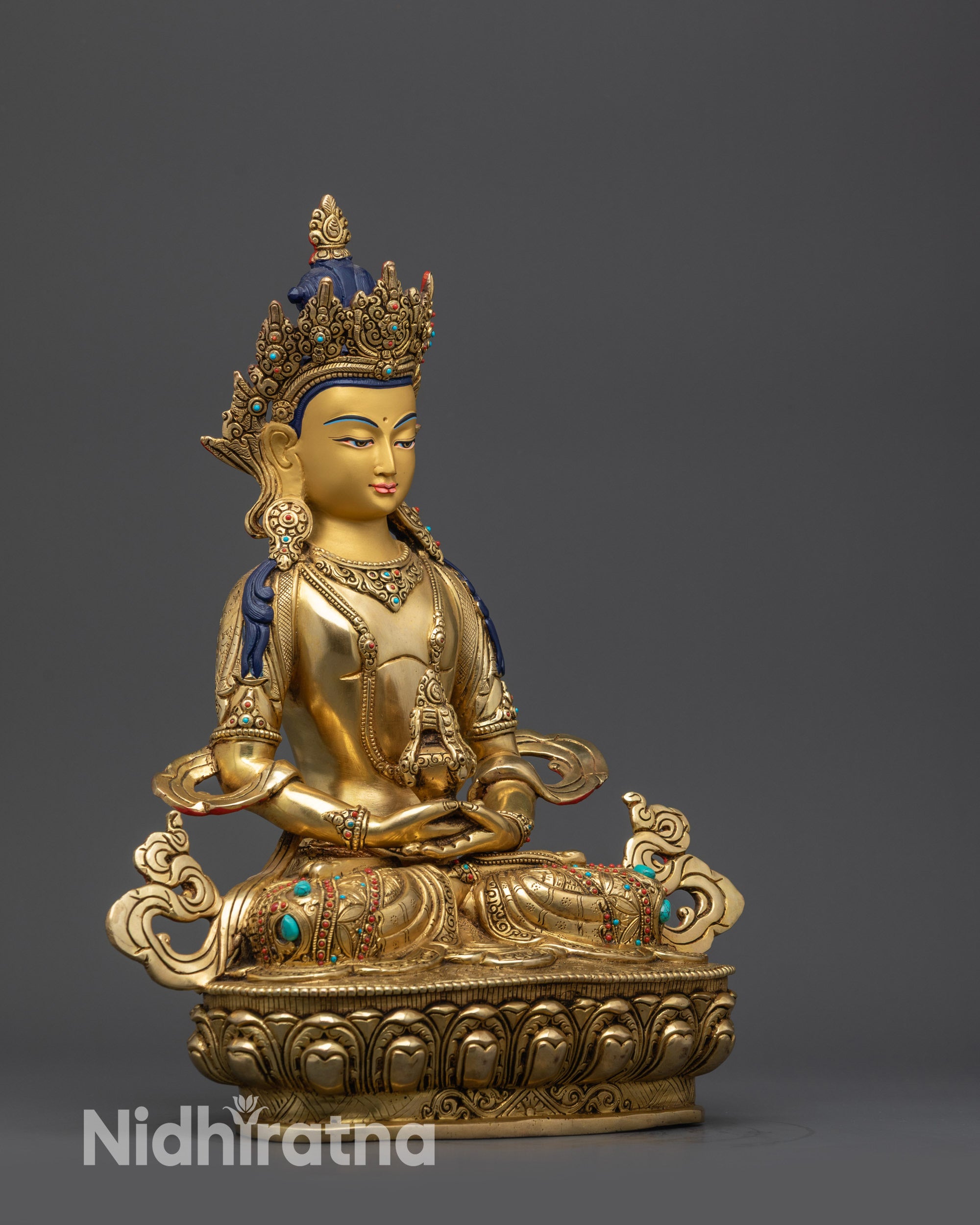 Side view Amitayus Buddha holding longevity vase on copper fire-gilded pedestal