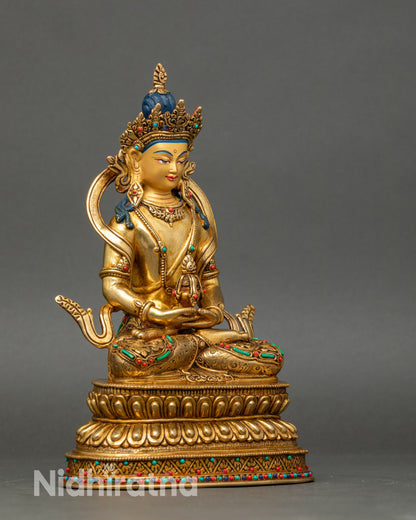 Side view Amitayus Buddha seated on decorated moon disc, holding medicinal vase, sacred décor