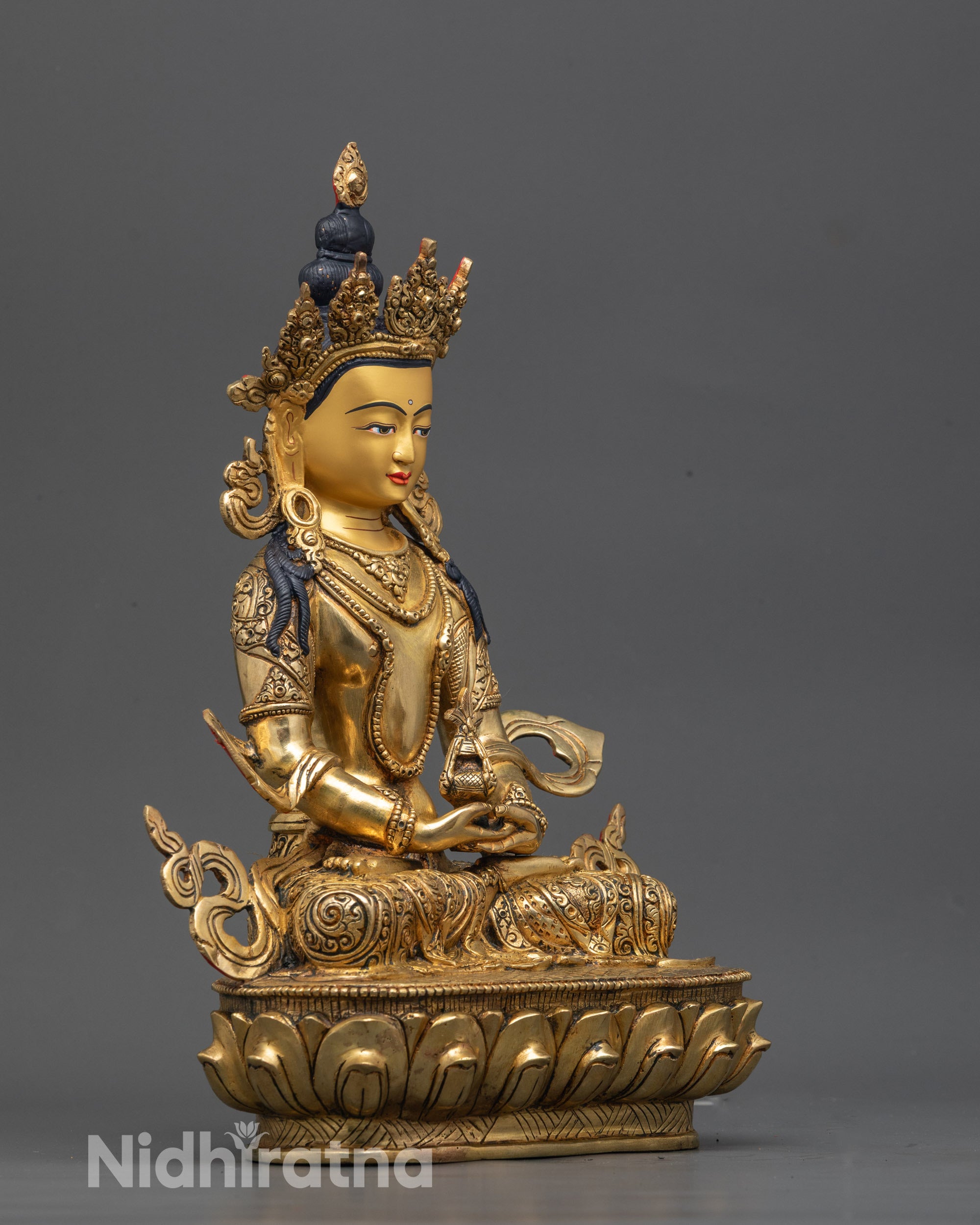 Side view Amitayus Statue showing detailed lotus seat and intricate lost wax carvings
