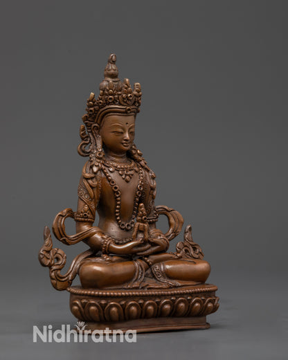 Side view Amitayus oxidized copper statue holding nectar vase atop lotus seat