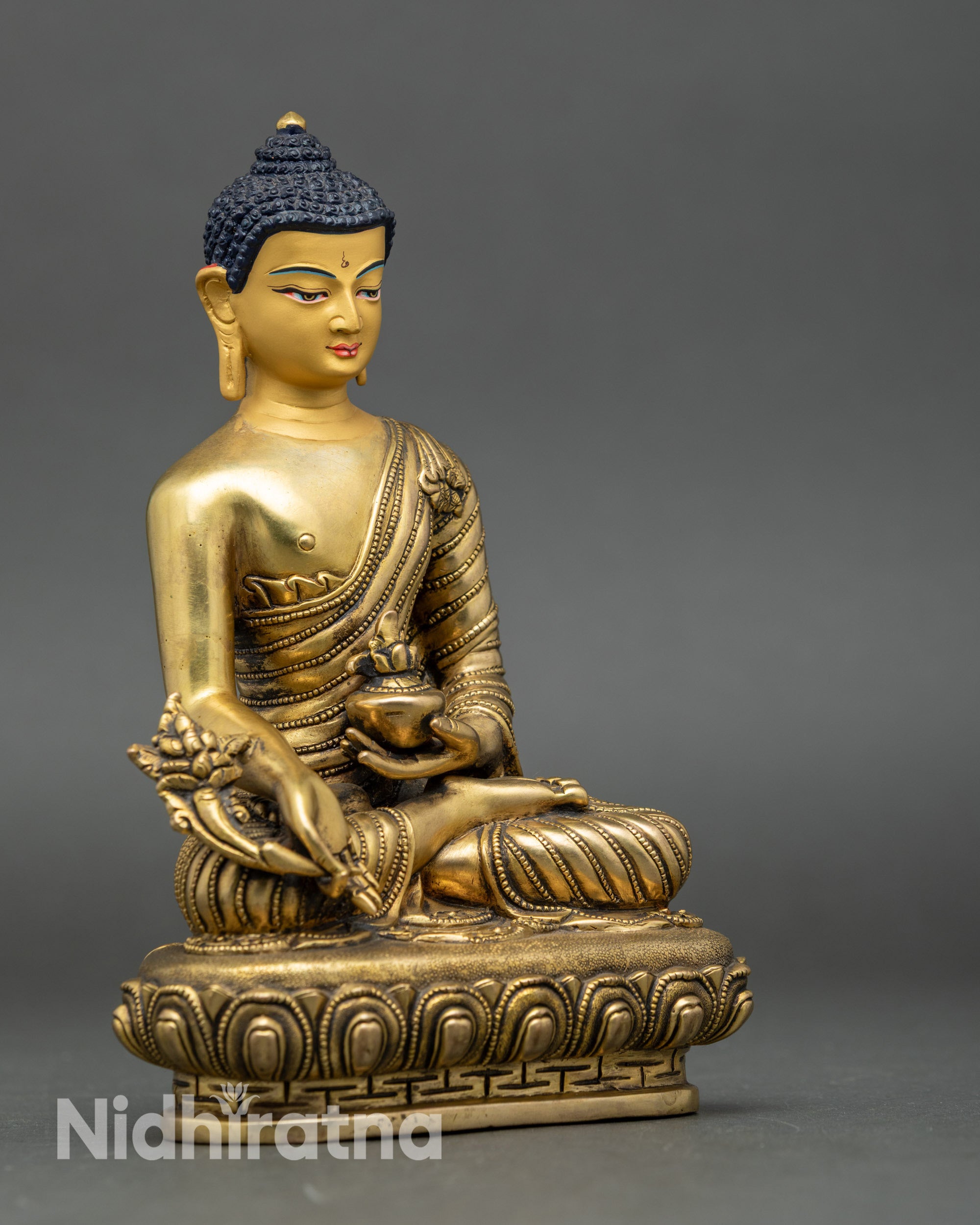 Side view Bhaisajyaguru seated on lotus pedestal for healing and spiritual protection