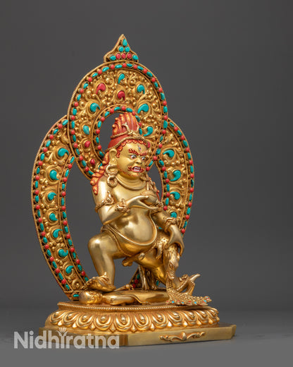 Side view Black Dzambhala holding skull cup and wrapped with serpent armlets