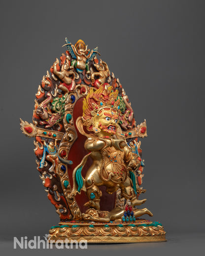 Side view Black Dzambhala with draped tiger skin, ornate jewelry, and serpent detail