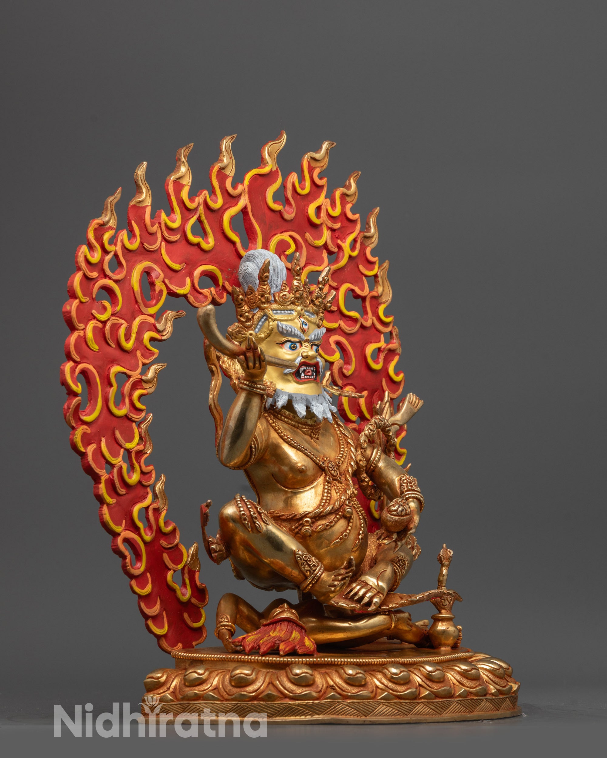 Side view Brahmanrupa Mahakala Statue with thighbone trumpet and tiger skin lower garments