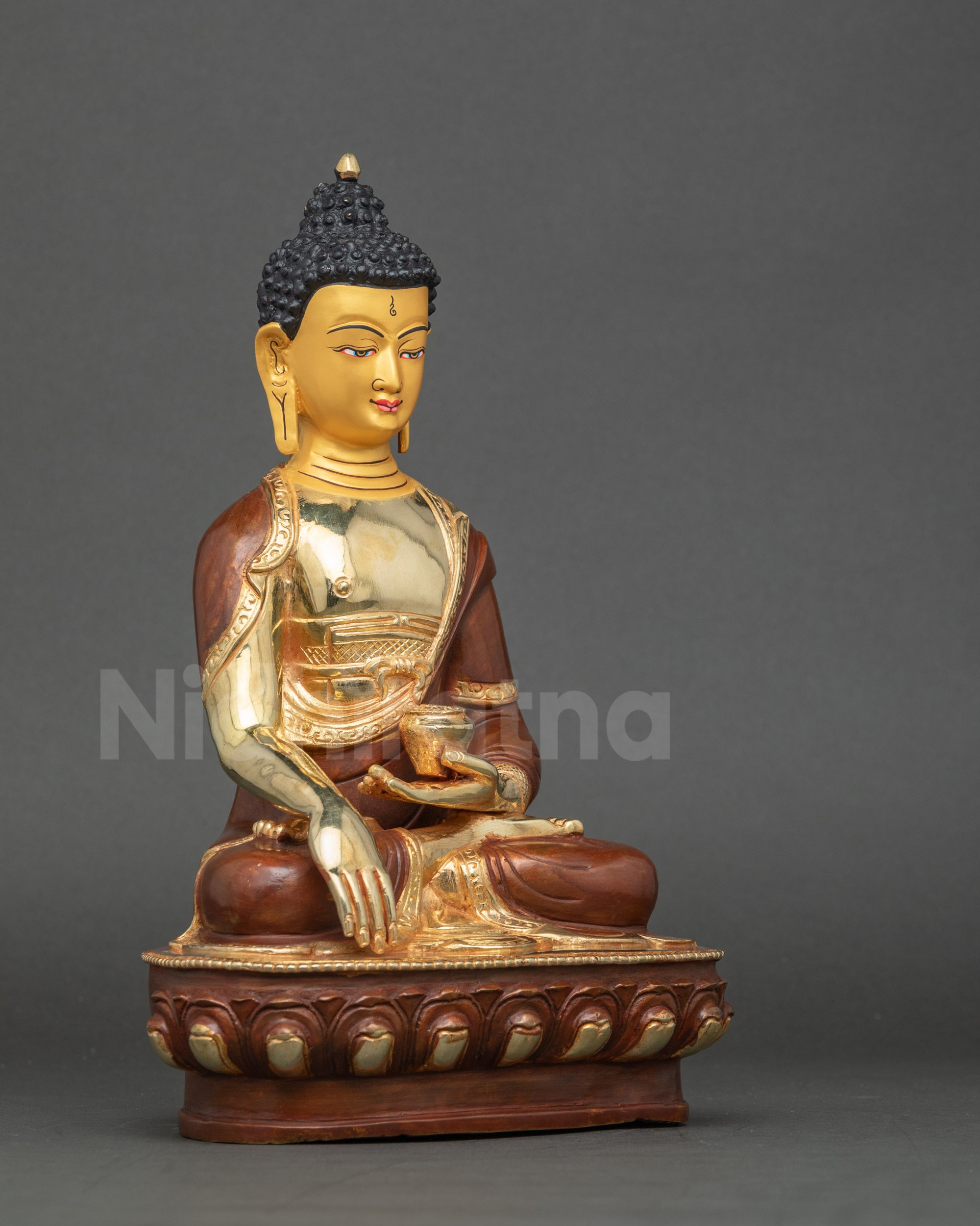 Side view Buddha Shakyamuni Vajra posture lotus base Newari artwork