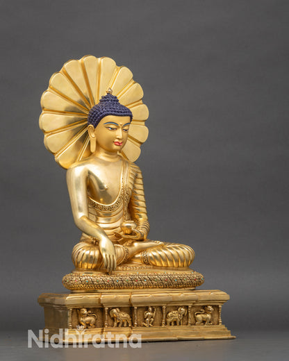 Side view Buddha Shakyamuni statue ornate lotus base jewel inlays Himalayan art