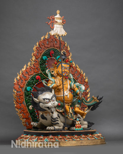 Side view Buddhist Namtoshe statue with halo seated on snow lion