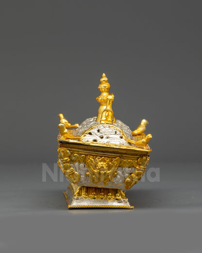 Side view Buddhist incense burner with Garuda and vajra carvings, handmade copper ritual burner Nepal