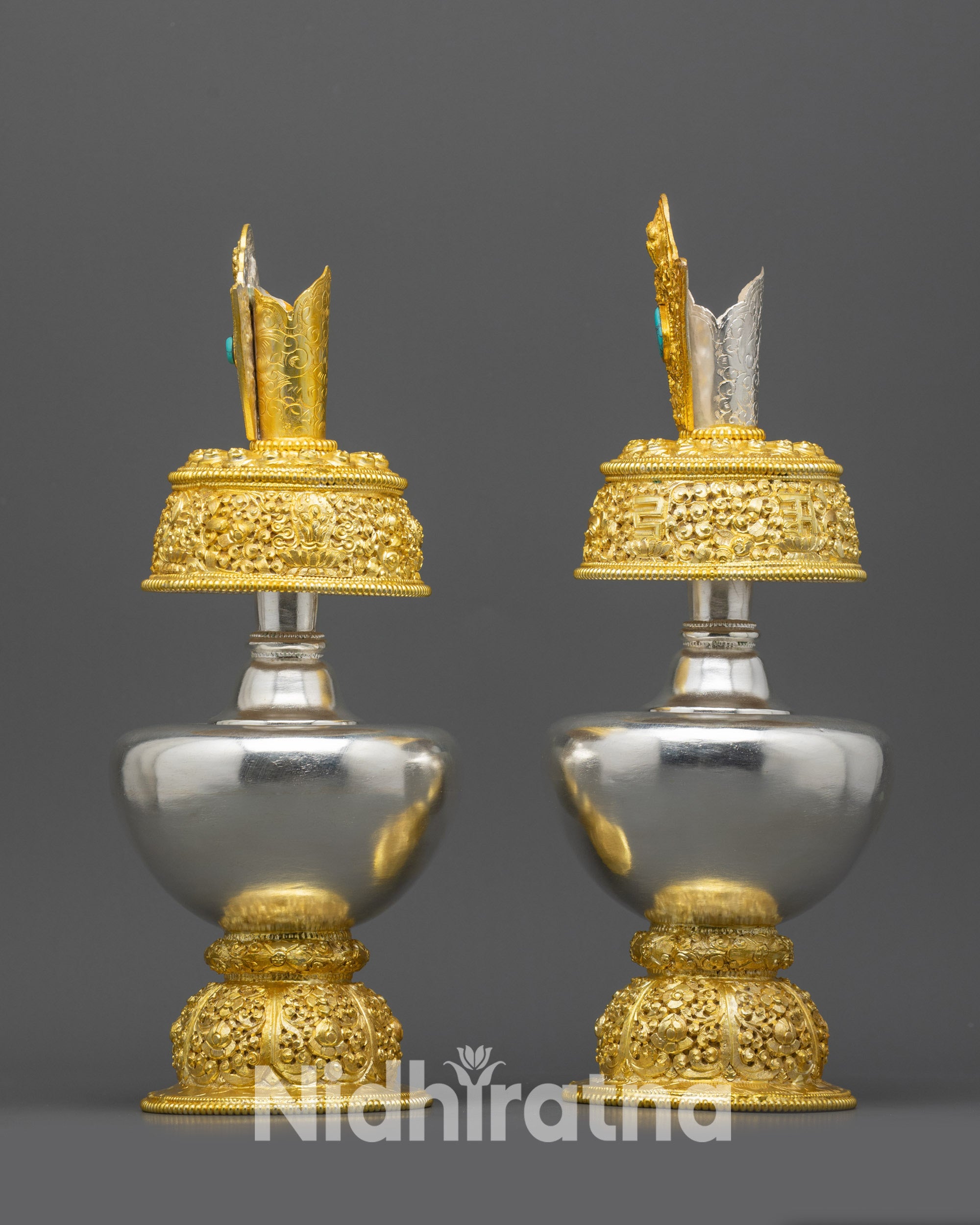 Side view Che Bhumba ritual vase with curved body and sleek elongated neck