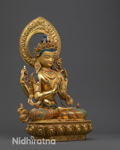 Side view Chenrezig Bodhisattva statue handmade gold-gilded Tibetan meditation art
