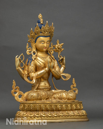 Side view Chenrezig Statue in vajra posture on lotus base, symbolizing compassion and peace