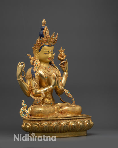 Side view Chenrezig Statue showing flowing robes, 5-jeweled crown, and jewelry details
