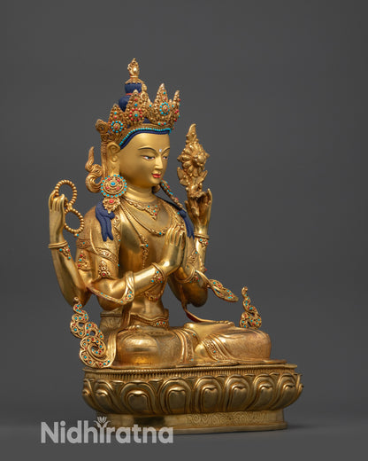 Side view Chenrezig Statue showing intricate carvinrezig Statue showing intricate carvings and double-layered lotus pedestal
