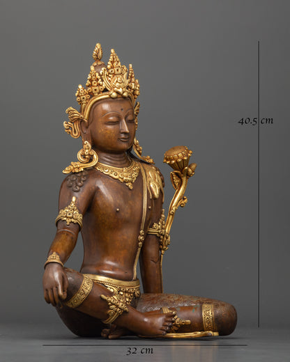 Side view Chenrezig seated meditative posture lotus throne Himalayan copper statue