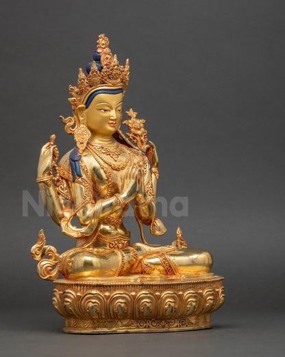 Side view Chenrezig statue seated in full lotus double lotus throne Buddhist decor