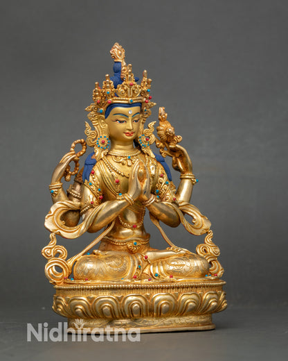 Side view Chenrezig statue seated on lotus throne, holding crystal mala and Utpala lotus