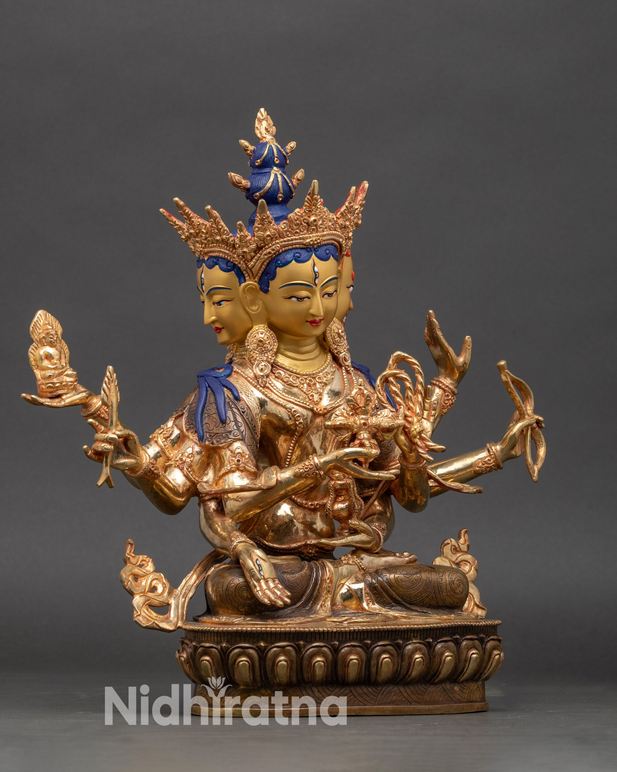 Side view Dakini Namgyalma statue with bow, arrow, and miniature Buddha | Himalayan copper