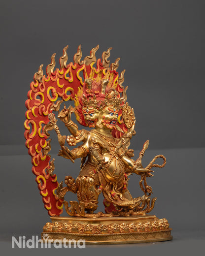 Side view Dharmapala Guardian Deity holding vajra, sword, and trident in dynamic posture
