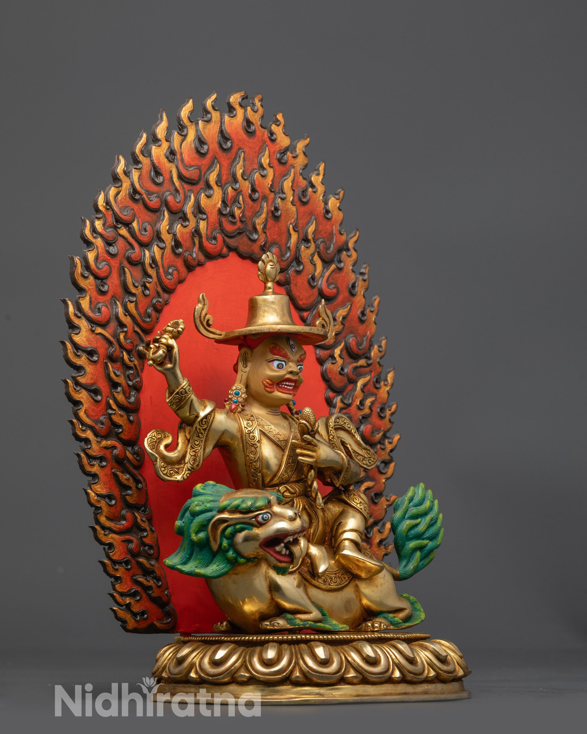 Side view Dorje Legpa Statue seated on snow lion throne
