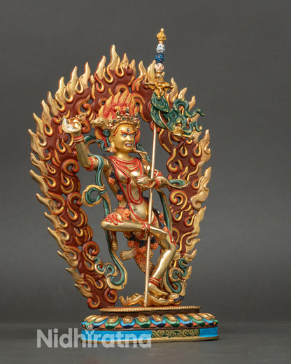 Side view Dorje Phagmo standing statue with ritual staff, curved knife, Nepalese handmade