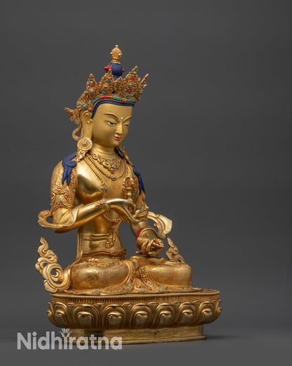 Side view Dorje Sempa sculpture with flowing robe and carved gemstone lower garment