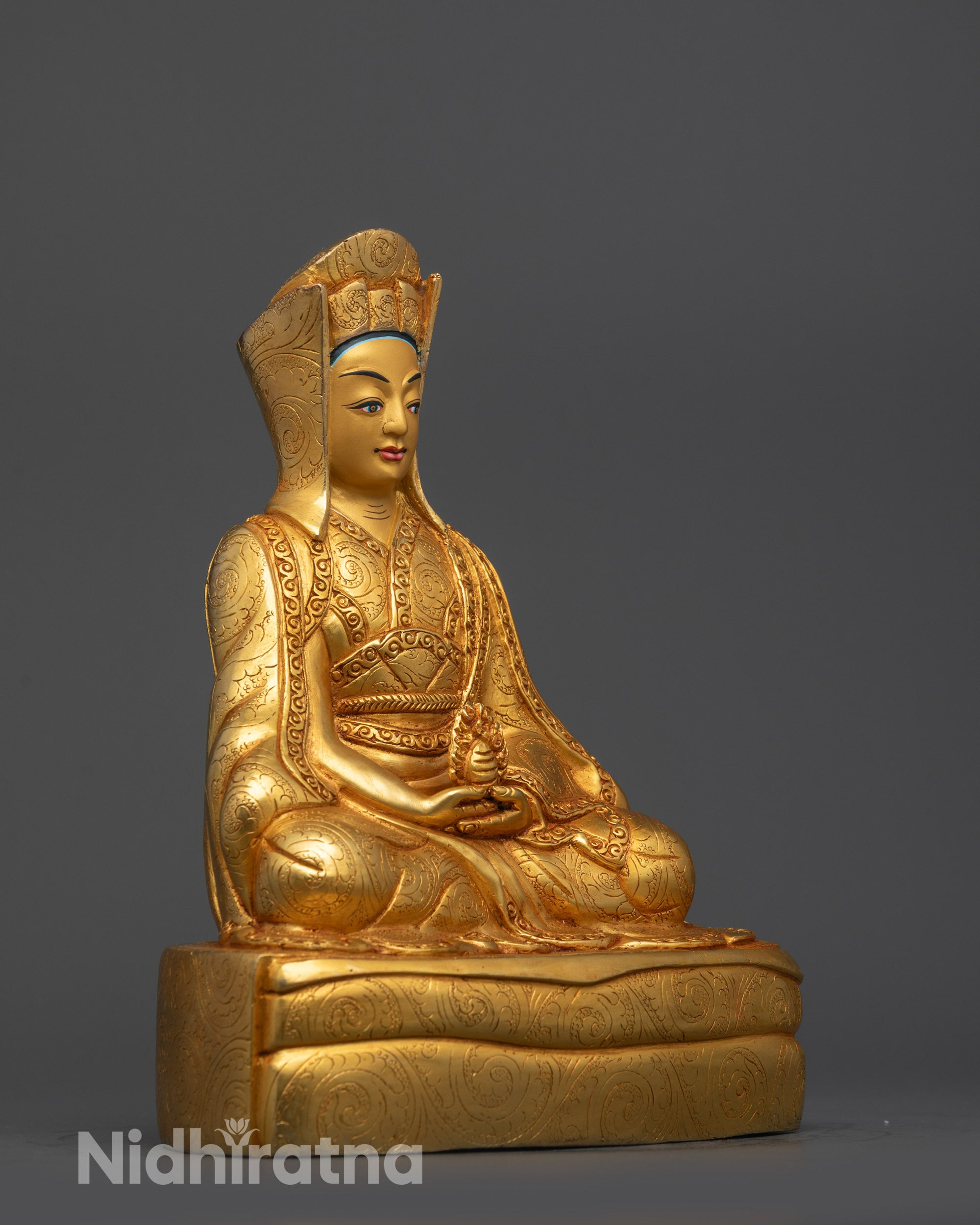 Side view Gampopa Buddhist Master Statue with carved robe jewelry and acrylic details

