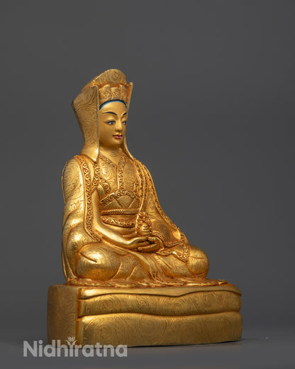 Side view Gampopa Buddhist Master Statue with carved robe jewelry and acrylic details
