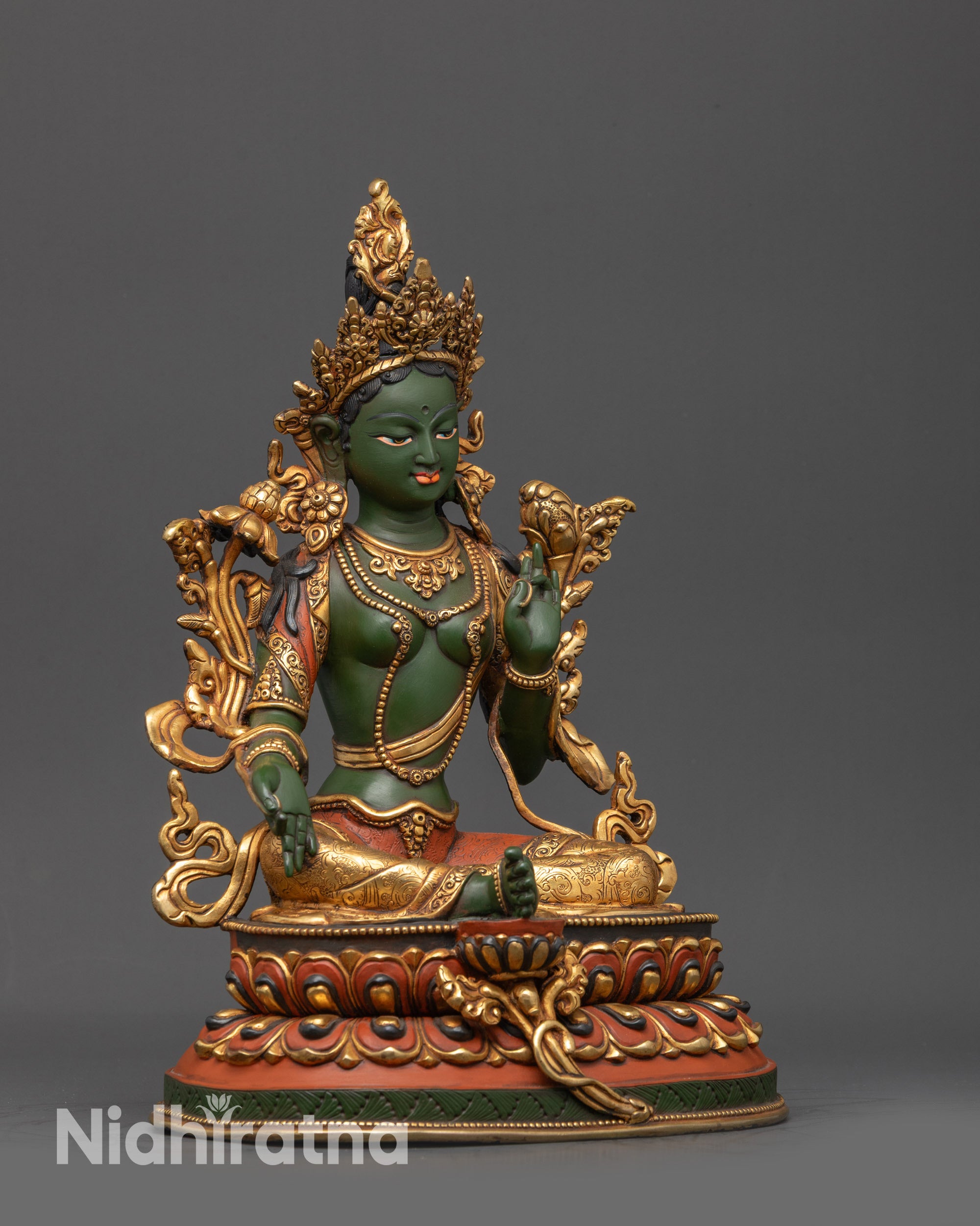 Side view Green Tara Sculpture showing floating robe and premium painted garments