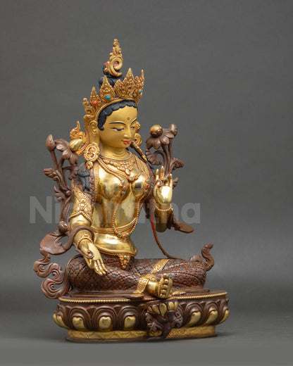Side view Green Tara statue | Seated on lotus with 13 Bodhisattva jewels and blue lotus