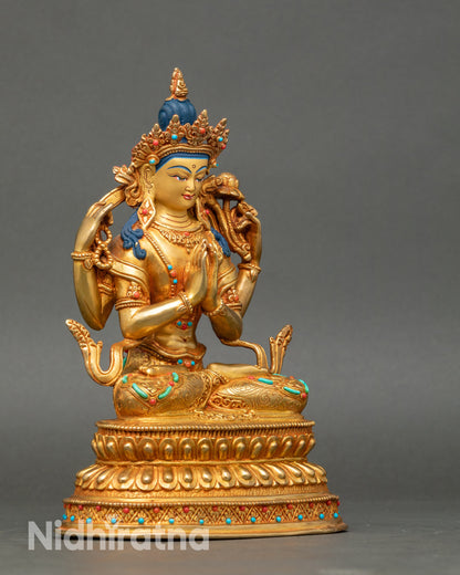Side view Green Tara statue, four arms holding crystal mala, lotus flower, Anjali Mudra