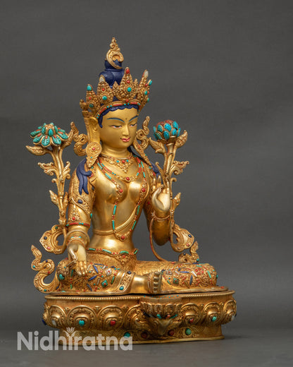 Side view Green Tara statue royal ease mudra lotus throne Nepalese lost-wax sculpture