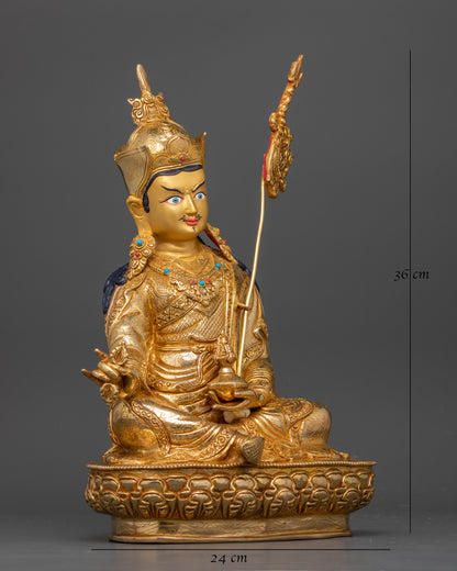 Side view Guru Padmasambhava statue kasaya robe extended leg lotus base Himalayan art