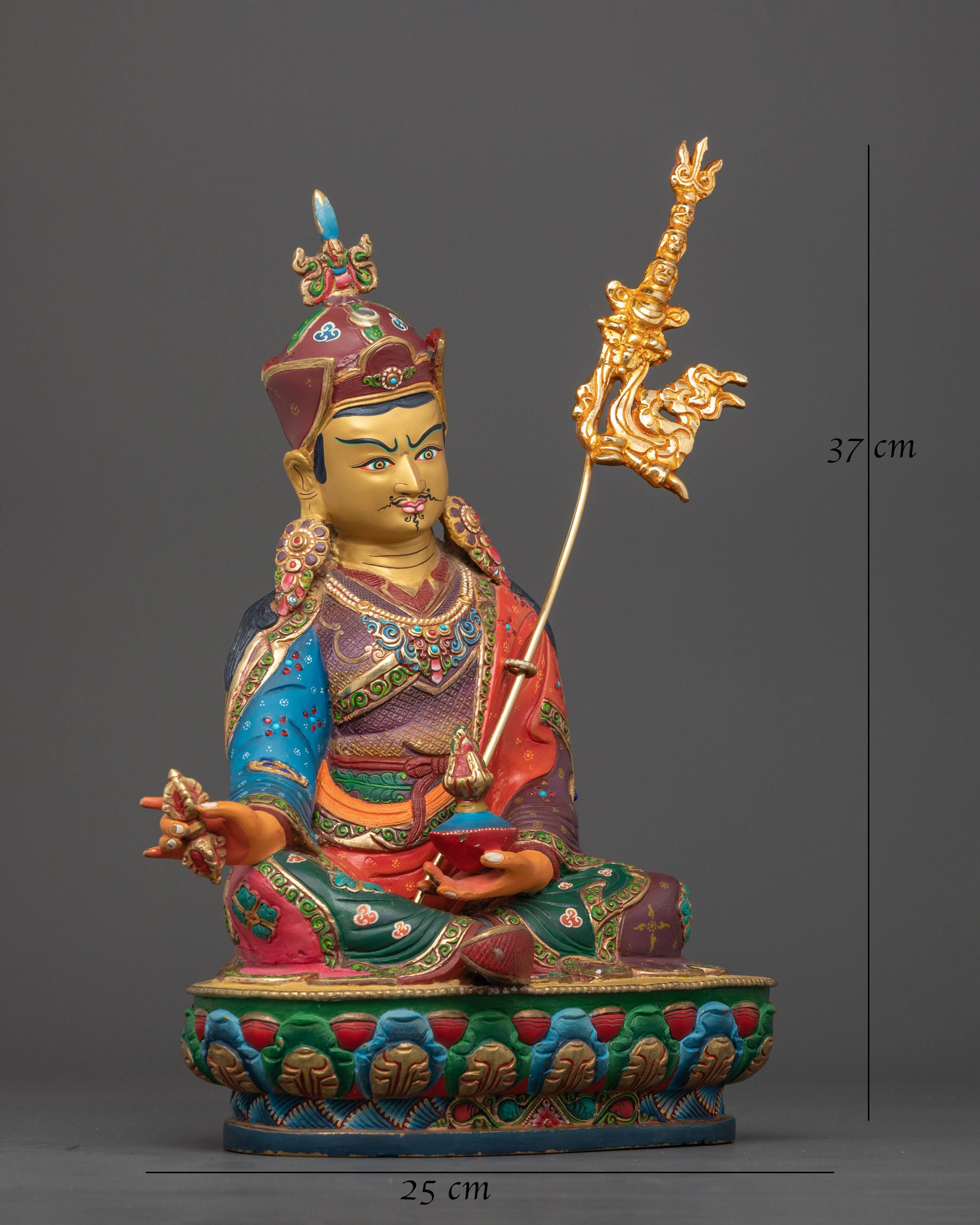 Side view Guru Rinpoche seated lotus throne acrylic colors Himalayan craftsmanship