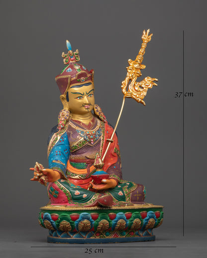 Side view Guru Rinpoche seated lotus throne acrylic colors Himalayan craftsmanship