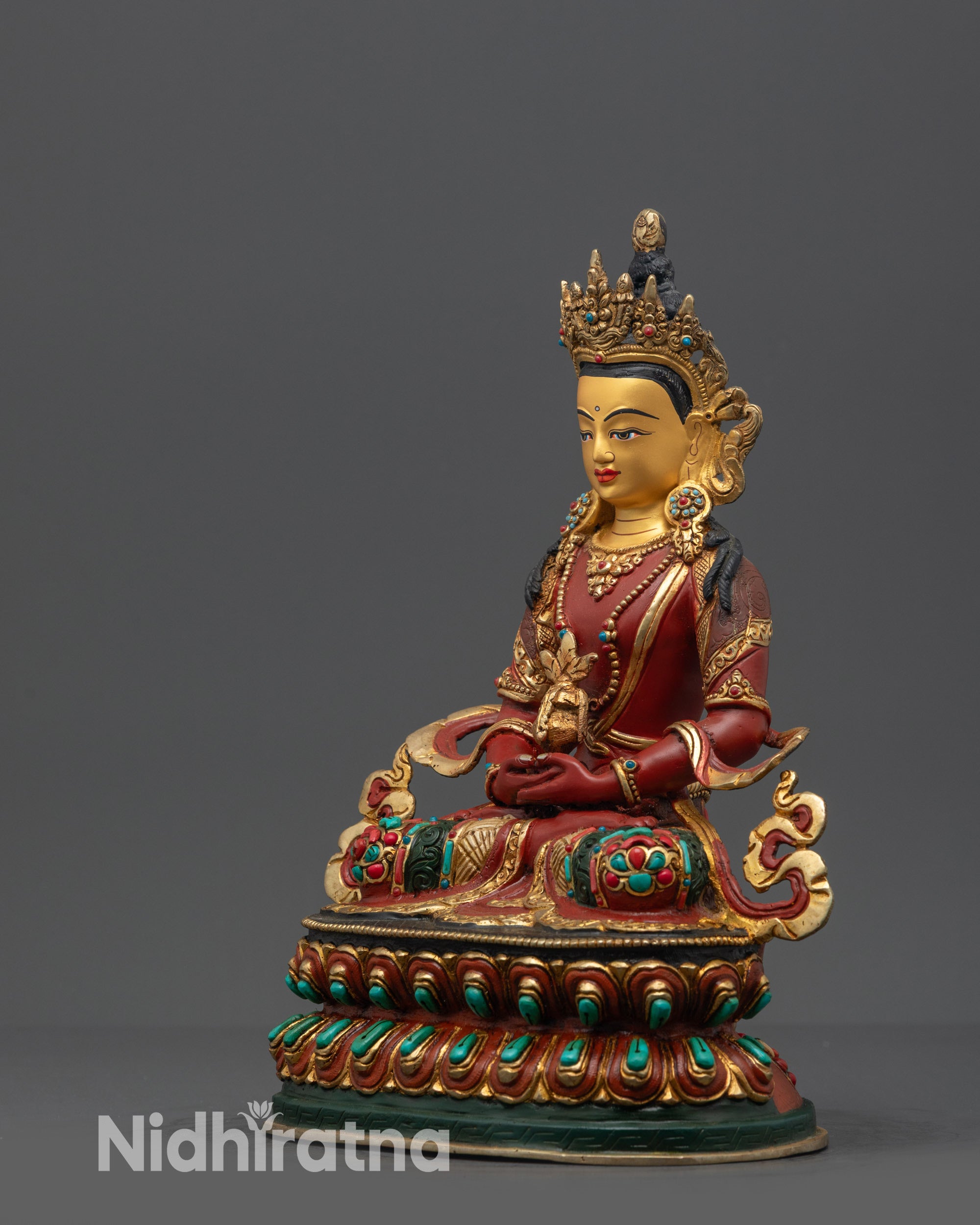 Side view Handcrafted Amitayus Statue with gold-plated robe and lotus base
