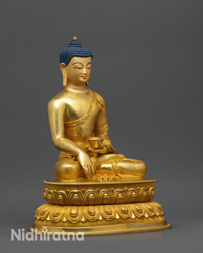 Side view Handcrafted Buddha Statue performing earth-touching mudra on lotus base