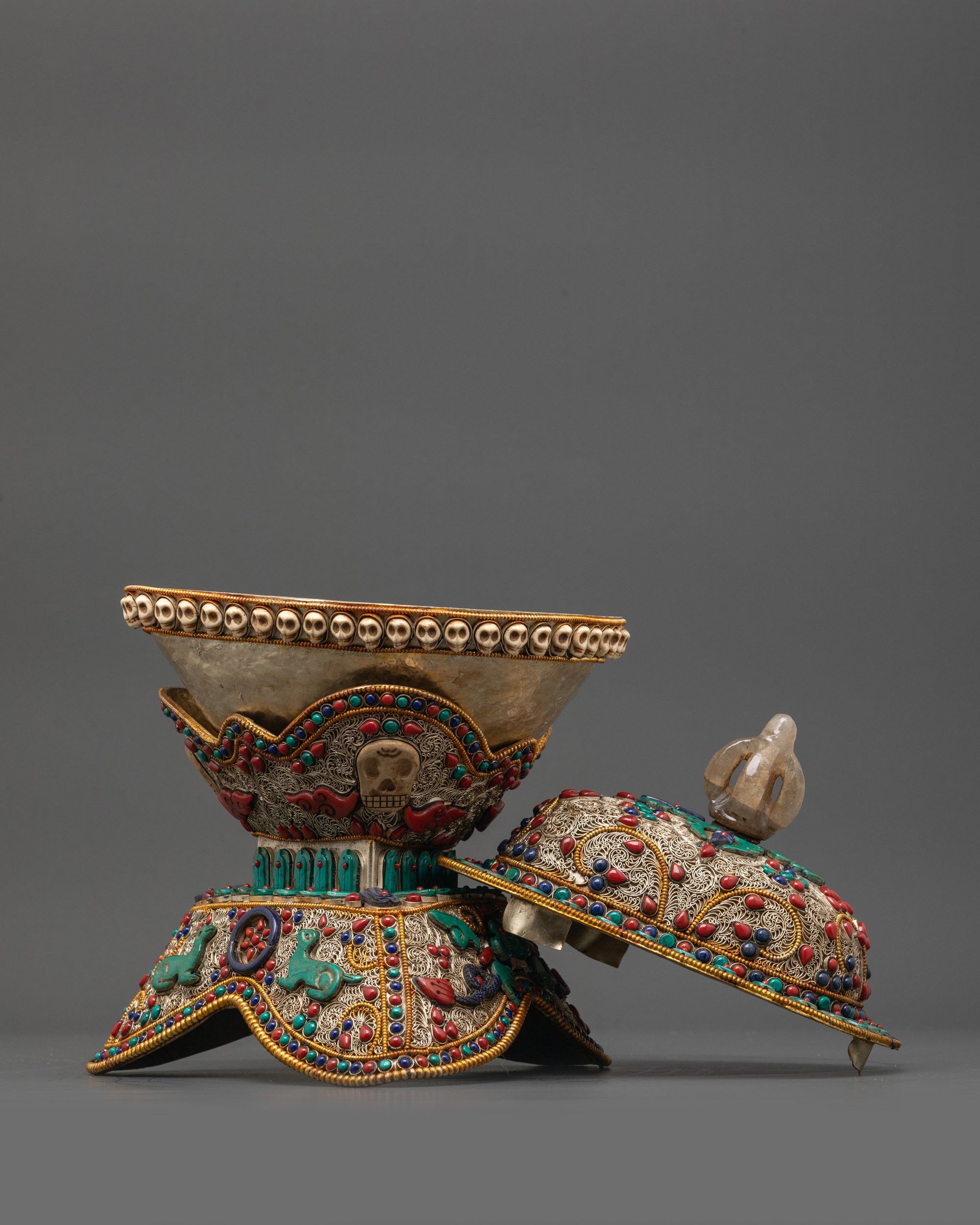 Side view Himalayan Kapala Set highlighting half vajra and gold-plated accents
