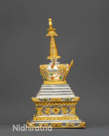 Side view Himalayan Tibetan Stupa copper reliquary with gold silver plating decor room

