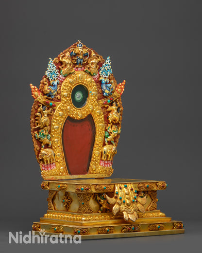 Side view Himalayan throne hand-painted details symmetrical patterns sacred art