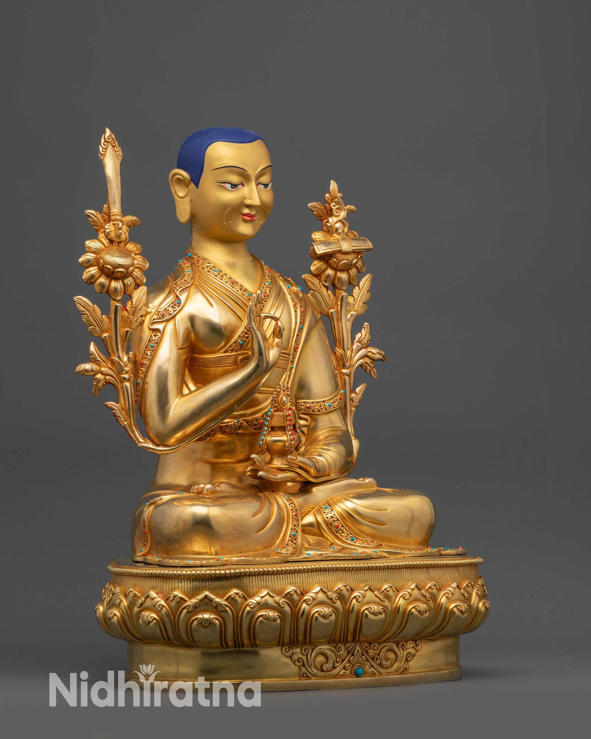 Side view Je Tsongkhapa Sculpture with Abhaya Mudra and lotus seat

