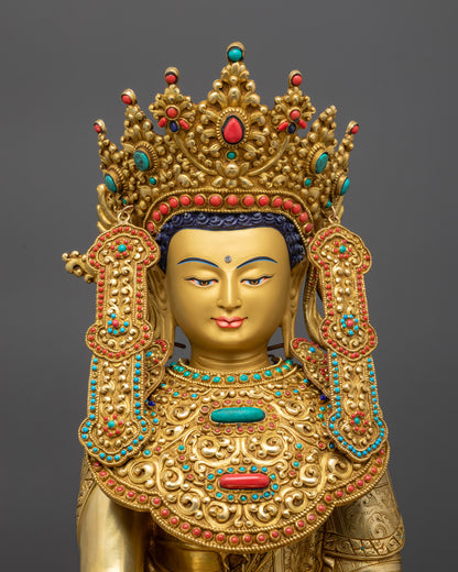 Side view Jowo Rinpoche Shakyamuni Buddha with alms bowl and gold-fire gilded robes
