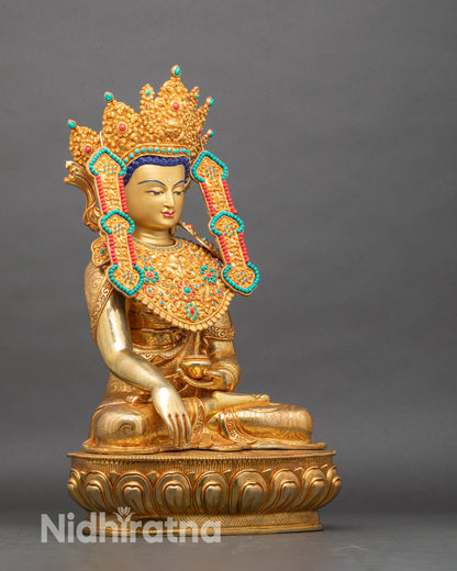 Side view Jowo Rinpoche holding Patra Bowl and Bhumisparsha Mudra seated on double lotus