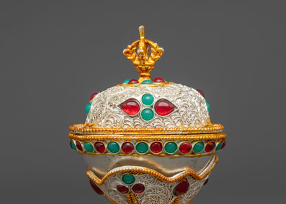 Side view Kapala Set with gold-plated Vajra lid and decorative gemstones
