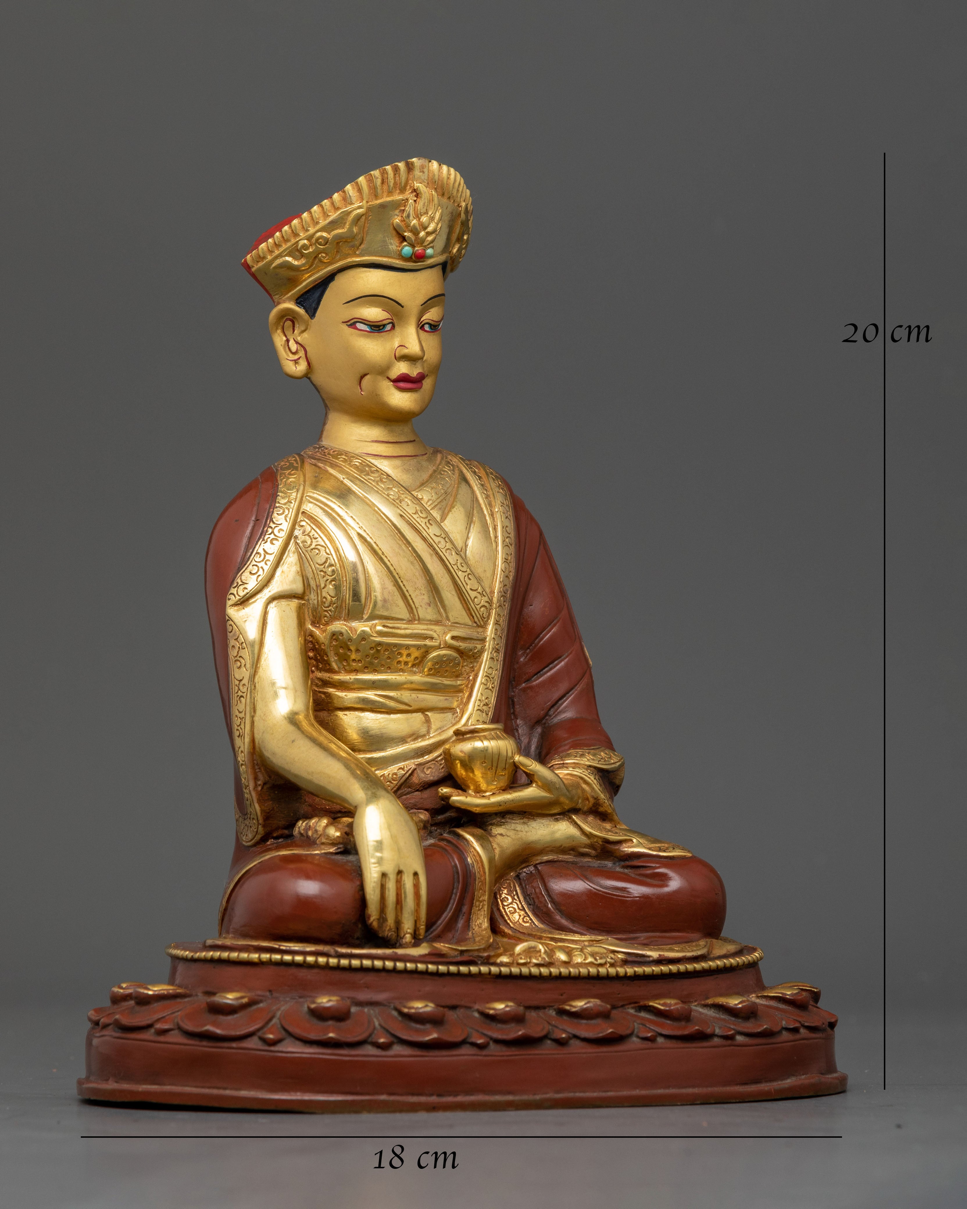 Side view Karmapa seated meditative posture holding ritual bowl Himalayan copper art